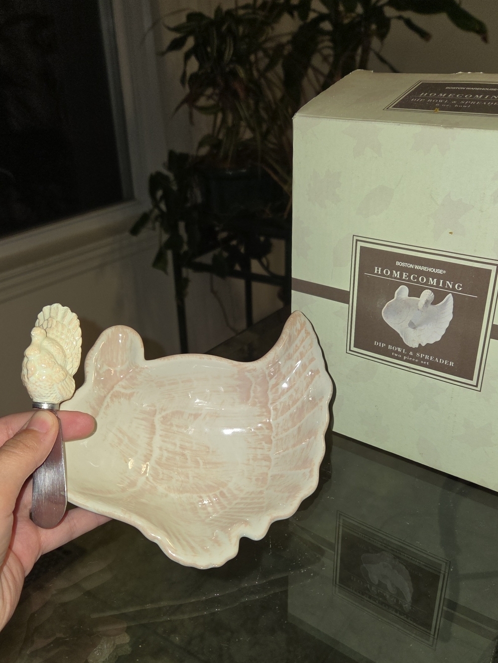 Vintage Boston Warehouse Cream Glazed Turkey Dip Bowl with Matching Spreader